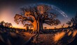 Leinwandbild Motiv Sunset in the African savannah with a baobab. Generative ai