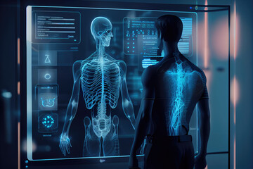 Digital screen with the projection of a human body hologram with different parameters and data. Generative AI