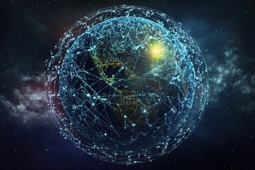 Satellites orbiting Earth wirelessly transmit data using  technology to build a global network of communications. Ai generated