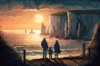 a family contemplating the cliffs of etretat with a beautiful sunset - Generative AI