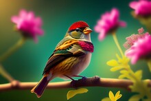 A Tiny Finch On A Branch With Spring Flowers