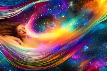 Wall Mural - abstract woman dream decorated by harmony and endless colors of star in the sky background . sleepin