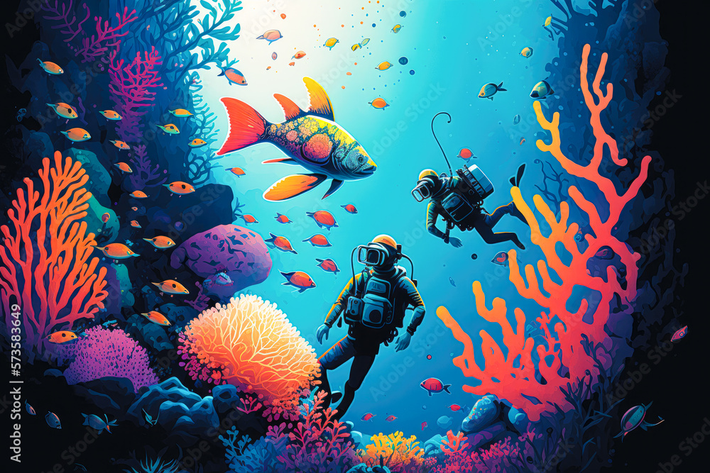 A group of scuba divers exploring a vibrant and colorful coral reef ...