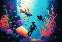 A Group Of Scuba Divers Exploring A Vibrant And Colorful Coral Reef With Schools Of Fish Swimming Around Them, Illustration - Generative AI