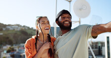 Couple, Bonding Or Talking On City Rooftop And Pointing, Sightseeing Portugal Or Enjoying Summer Holiday Vacation View. Smile, Happy And Love Black Man And Interracial Fashion Woman On Location Date