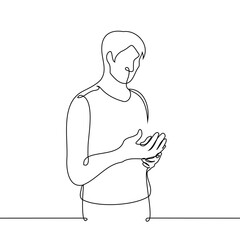 Poster - man kneading his palm joints - one line drawing vector. concept stroking your hands, hand pain, hand massage