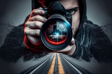 A Man Is A Photographer With A Camera Taking Pictures Of The Road. 