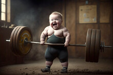 An Little Strong Smiling Baby Boy Lifts A Very Heavy Barbell - AI Generative