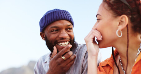 Wall Mural - Happy love, sky and couple communication on romantic outdoor date for fun, adventure and freedom. Peace, smile and relax black woman and gen z man talking in conversation, bond and enjoy quality time