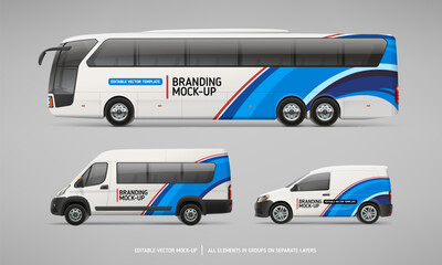 Coach Bus, Passenger Van and Company Car vector Mockup set. Abstract graphics consept for Brand identity and Advertising on Passenger Bus and  public 
transport. Passenger Bus editable 
mockup set 