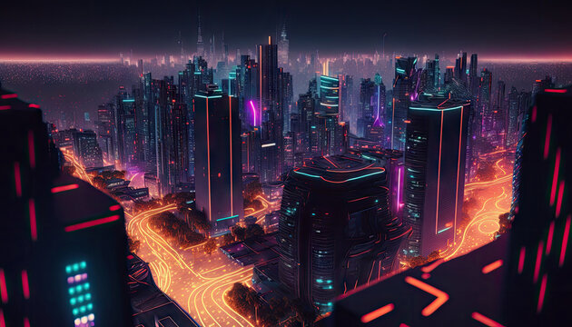 night city cyber punk landscape concept. light glowing on dark scene. night life. technology network