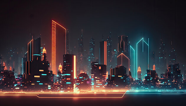 night city cyber punk landscape concept. light glowing on dark scene. night life. technology network