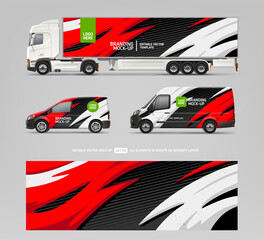 Realistic Van, Truck trailer, Company Car Mock-up set with abstract racing graphics gdecal design - editable vector template
