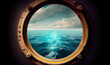 Porthole with ocean view. View of the silent sea surface through a rusty porthole of the ship. Old ship cabin window. Generative AI.