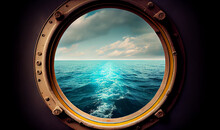 Porthole With Ocean View. View Of The Silent Sea Surface Through A Rusty Porthole Of The Ship. Old Ship Cabin Window. Generative AI.