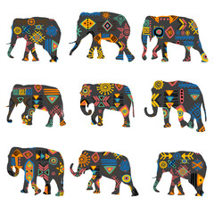 Wall Mural - Set of colorful elephants with ethnic symbols pattern