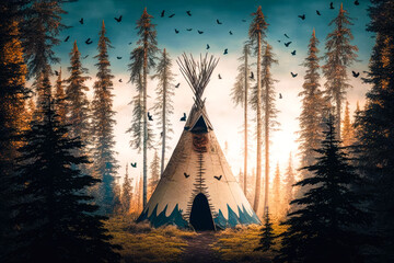 Wall Mural - A towering teepee surrounded by a ring of towering trees, illustration - Generative AI