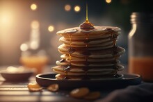 Home Cooking Pancake Stack For Shrovetide Holiday, Family Day, Pancakes With Syrup And Honey On Soda, Sunshine, Homemade. Generative AI