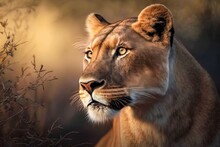 Lioness In Africa Savannah. Generative AI