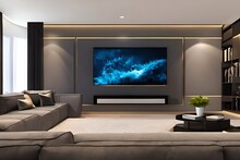 Big Tv Wall Screen In Modern Living Room. Television Set In Luxury Interior. . Generative AI
