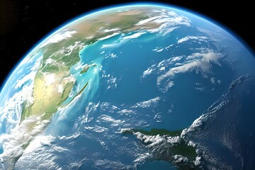 Wall Mural - Curvature Of Planet Earth. Aerial View Of Blue Planet From Space. Sunrise Over Globe Land And Ocean. Generative AI