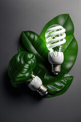 LED light lamps with green leaf, ECO energy concept. Saving Energy and Ecological Environment. Renewable and saving energy, eco or green power consumption concept, AI Generative