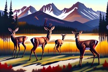 Oil Painting Brush Stroke, Rocky Mountain In Background. Foreground Entire Deer Small On Left, Trees On Right - Generative Ai 