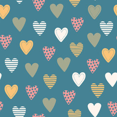 Wall Mural - Seamless pattern with different hand drawn hearts. Spring color palette. Vector illustration.