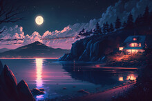 Night Mountain Landscape With The Big Full Moon And The Lakeside Cottage, Illustration Generative Ai