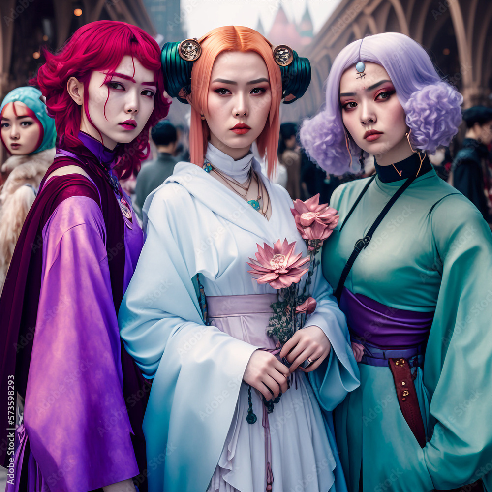 Generative ai asiatic cosplayers posing outdoors.