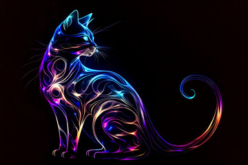 Wall Mural - Illustration of a cat on a black background with colorful lights.