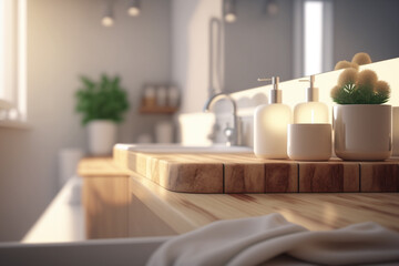 Wooden tabletop with blurred bathroom background. Modern bathroom interior selective focus. AI generated image.