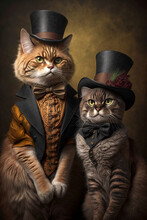 Cats Dressed In Vintage Clothes In Victorian Style, Portrait In The Style Of The 19th Century, Funny Cute Cats In Human Clothes. AI Generated Image.