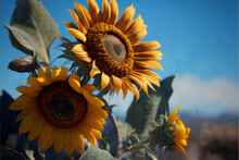 Close Up Of Two Sunflowers In A Field. Generative Ai.