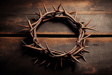Religion Creative Composition. Crown Of Thorns Isolated On Wooden Background. Display, Whole And Side View. Closeup View. Good Friday,	
