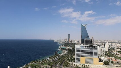 Wall Mural - Jeddah , Saudi Arabia - Top view of Jeddah beach - Red Sea corniche by Drone - city Waterfront 4k video