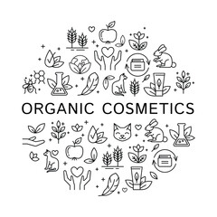 Wall Mural - Organic Cosmetics Round Design Template Thin Line Icon Concept for Promotion, Marketing and Advertising. Vector illustration