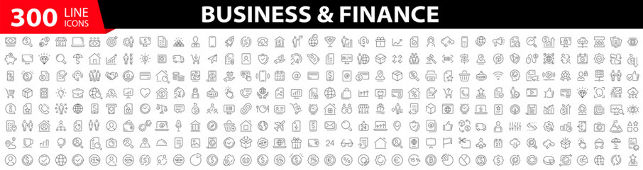 Wall Mural - Big set of 300 Business icons. Business and Finance web icons. Vector business and finance editable stroke line icon set with money, bank, check, law, auction, exchance, payment. Vector illustration