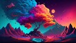 © Kvin - Colorful Landscape with Mountain Range with a Giant Tree | Colorful Background | 'Generative AI technology'