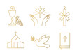 golden christianity icon set; holy communion, chalice and grapes, praying hands, candle, church, dove with olive twig and bible - vector illustration