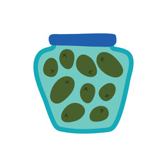 Sticker - Cartoon Color Pickled Olives in Jar Icon Homemade Preserve Concept Flat Design Style. Vector illustration