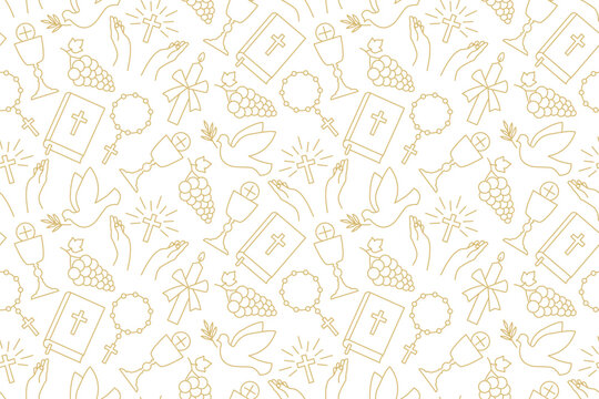 seamless pattern with christian religion icons: holy communion, chalice, grapes, praying hands, cand