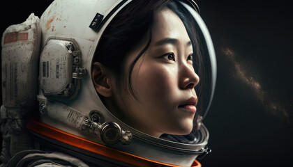 Wall Mural - Close up portrait of a asian female astronaut in space created using Generative AI.