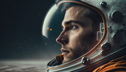 Wall Mural - Close up portrait of a male astronaut in space created using Generative AI.