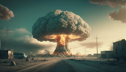 Poster - Mushroom cloud after atomic bomb explosion in city. The concept of nuclear war. AI generated