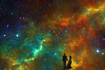 Wall Mural - man and woman silhouettes at abstract cosmic background. human souls couple in love. astral body. es