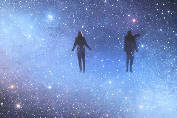Wall Mural - man and woman silhouettes at abstract cosmic background. human souls couple in love. astral body. es
