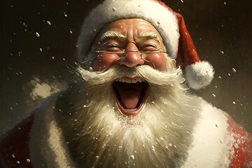 Happy Santa Claus face greeting realistic Christmas celebration background. Generative AI