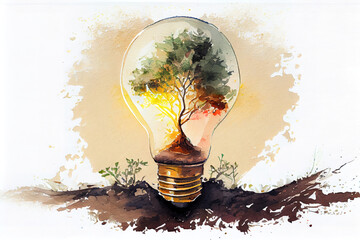 lightbulb tree with sunlight on soil. concept save world and energy power, watercolor oil painting effect. Generative Ai