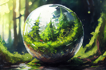 Wall Mural - Globe On Moss In Forest - Environmental Concept, watercolor oil painting effect. Generative Ai